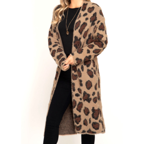 SHE & SKY Cozy Leopard Print Open Front Long Cardigan Sweater Mocha Coat SZ OS - Picture 2 of 7